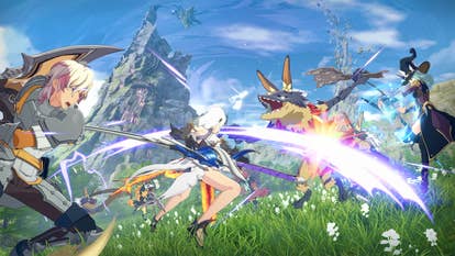 Blue Protocol screenshot showing brightly coloured anime characters battling with swords against creatures