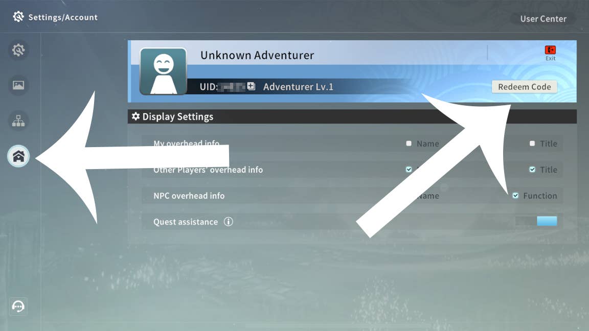 Uma seta apontando para os botões que os jogadores devem pressionar para acessar o menu de códigos em Blue Protocol: Star Resonance.