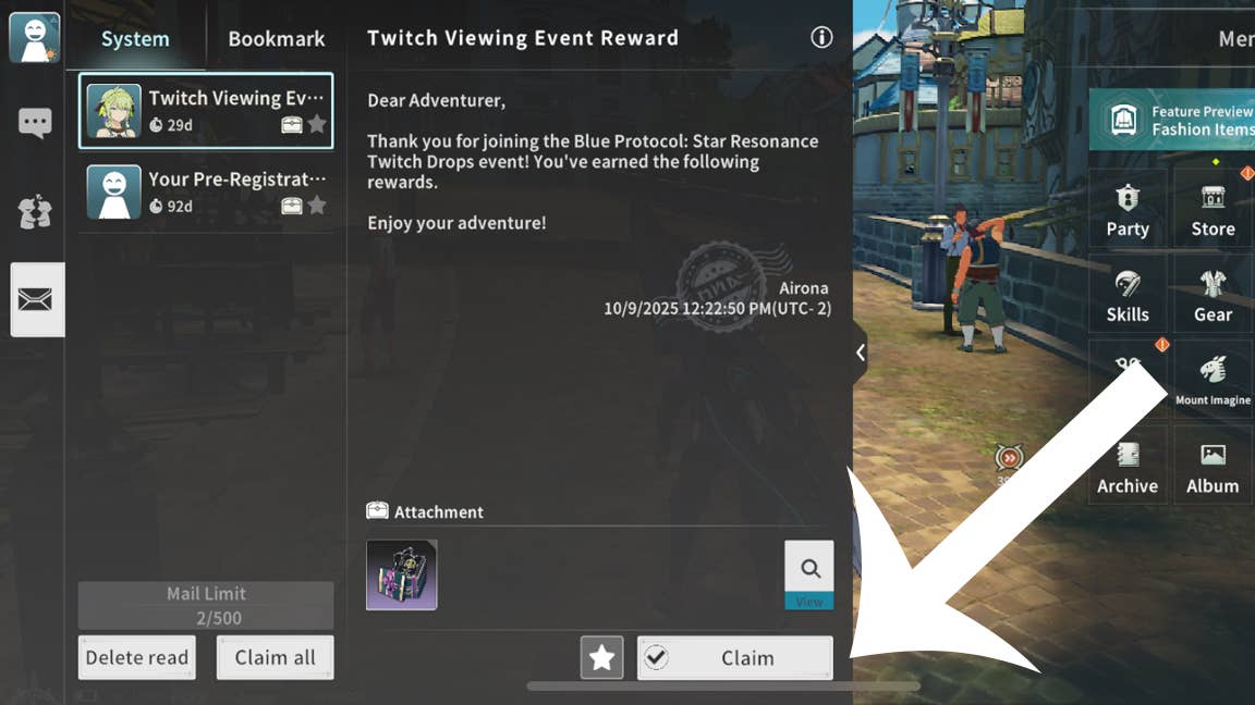 Uma seta apontando para o botão que os jogadores devem pressionar em sua caixa de correio para reivindicar recompensas Twitch Drop para o Protocolo Azul.