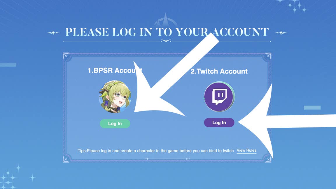 Uma seta apontando para os botões que os jogadores devem pressionar para vincular suas contas ao Blue Protocol Twitch Drops.