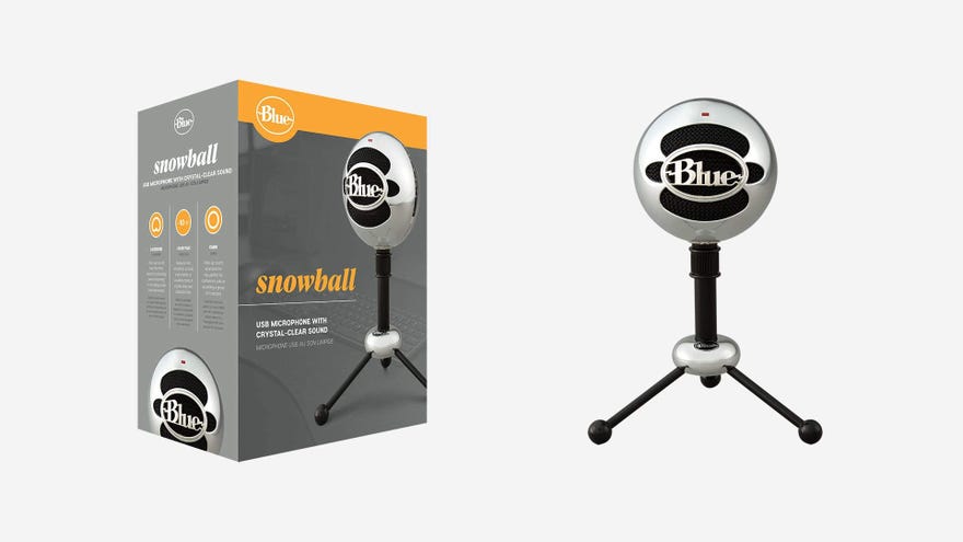 a photo of Blue’s Snowball microphone, with a shiny spherical body suspended on three short little metal legs