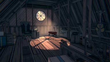 An attic lit by a round window in Blue Prince.