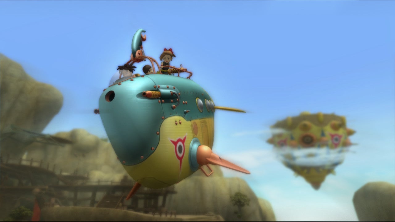 An airship in Blue Dragon carries the cast through a misty canyon.
