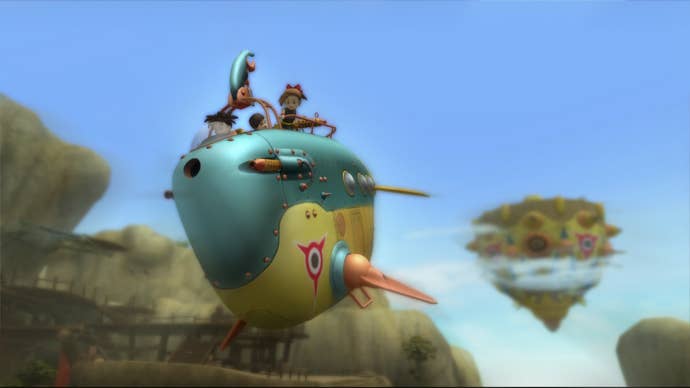 An airship in Blue Dragon carries the cast through a misty canyon.