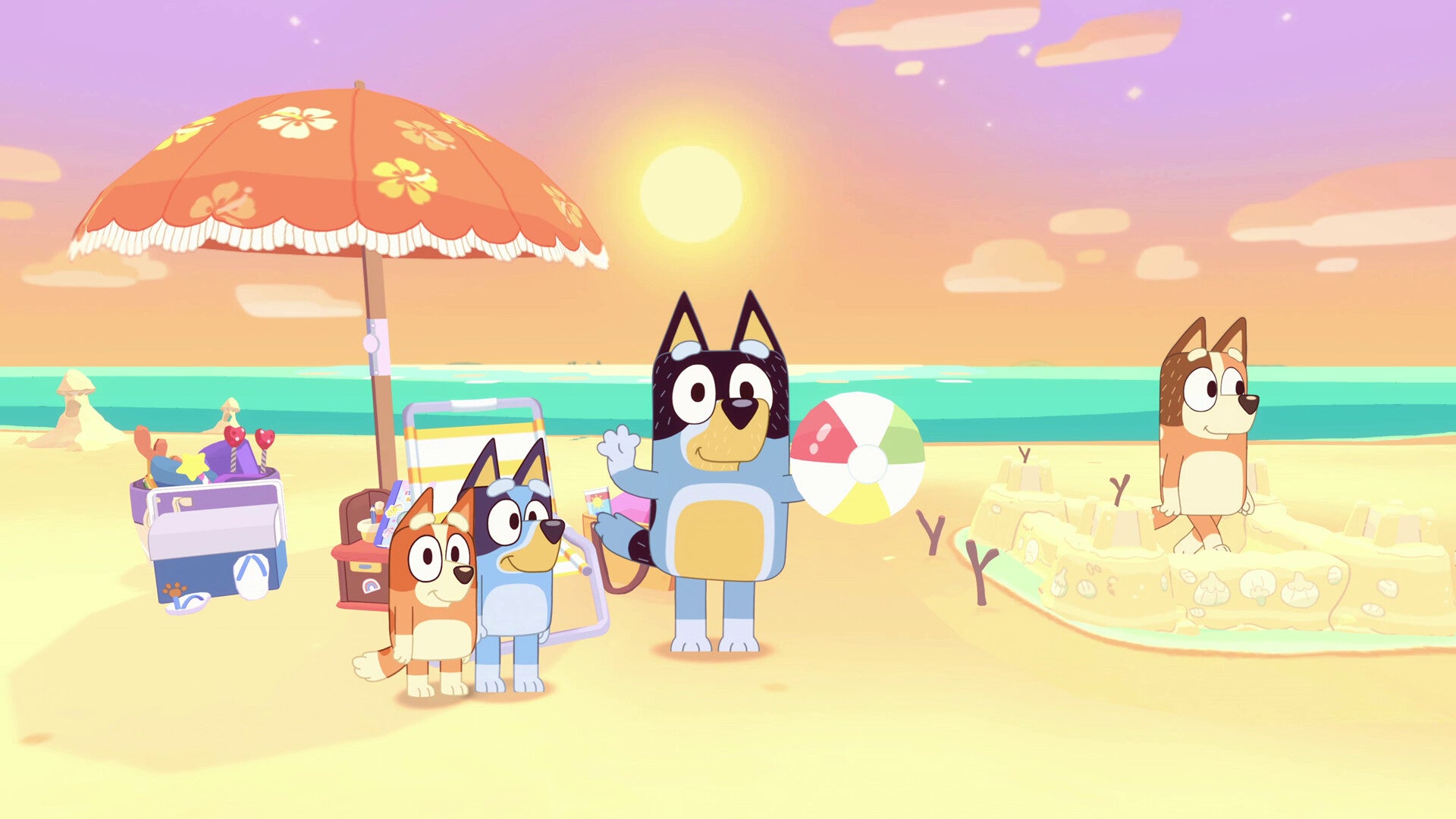 The Bluey gang at the beach in a Bluey: The Videogame screenshot.