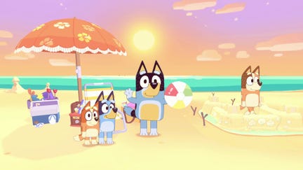 The Bluey gang at the beach in a Bluey: The Videogame screenshot.
