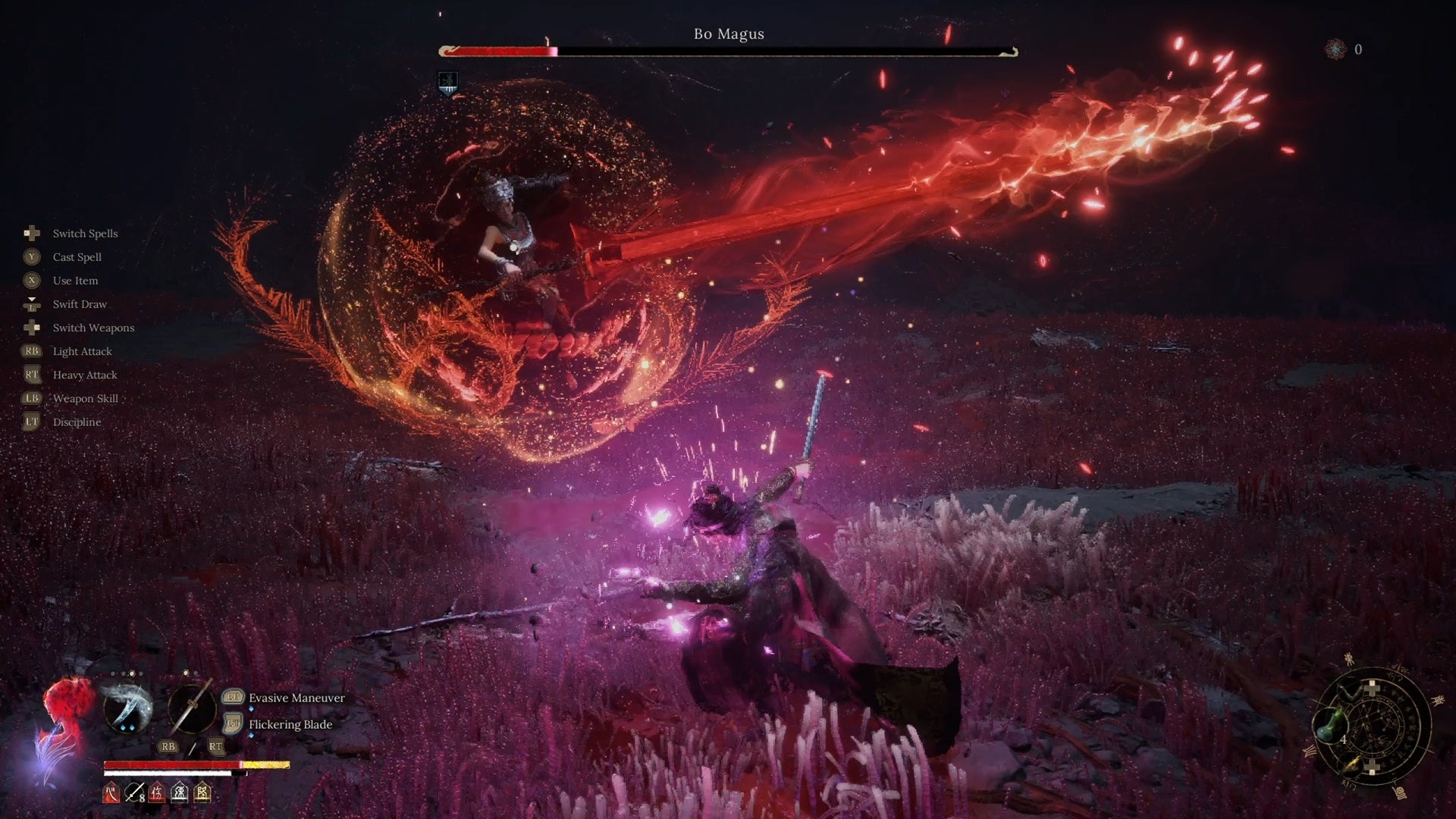 Fighting the boss Bo Magus in Wuchang Fallen Feathers. She's a spellcaster encased in a red shield bubble with a huge sword of red energy. - 9