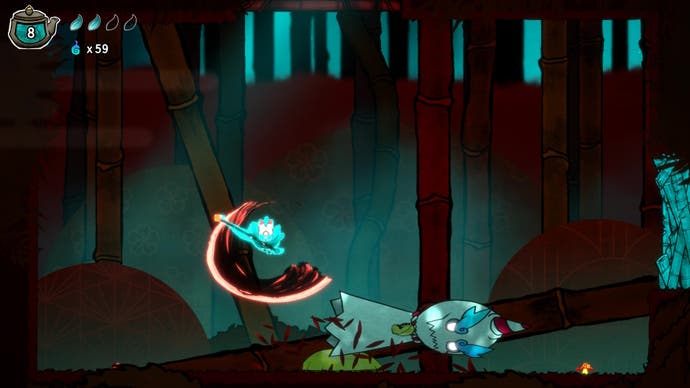 A fox fights a large ghost from Japanese folklore with a staff in Bo: Path of the Teal Lotus
