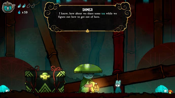 A fox and an insect spirit from Japanese folklore talk about tea in Bo: Path of the Teal Lotus