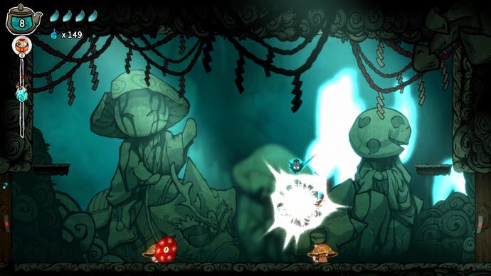 A fox fights Japanese folklore spirits inside a cave in Bo: Path of the Teal Lotus.