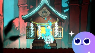 A fox from Japanese folklore sips tea by a shrine in Bo: Path of the Teal Lotus