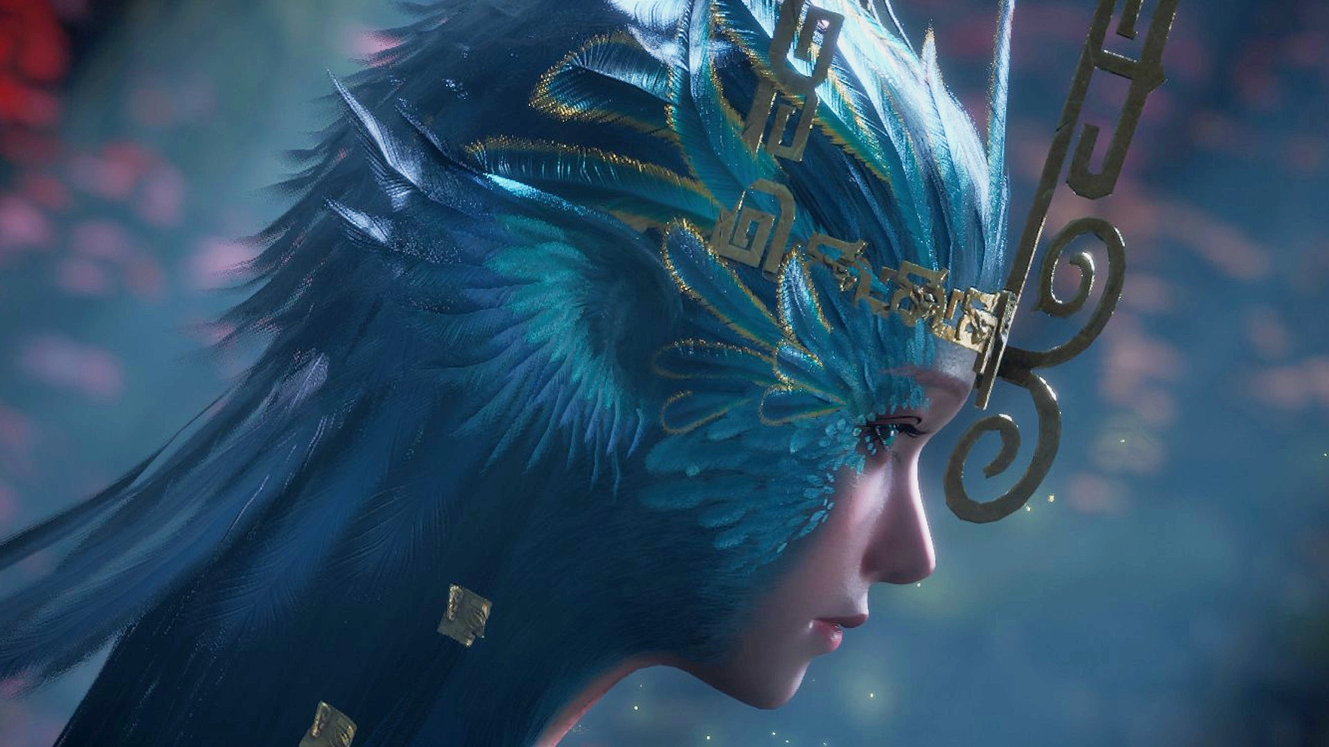 A closeup on the Bo Sorcerer in Wuchang Fallen Feathers - a beautiful avian woman with blue feathers extending from her body. - 1