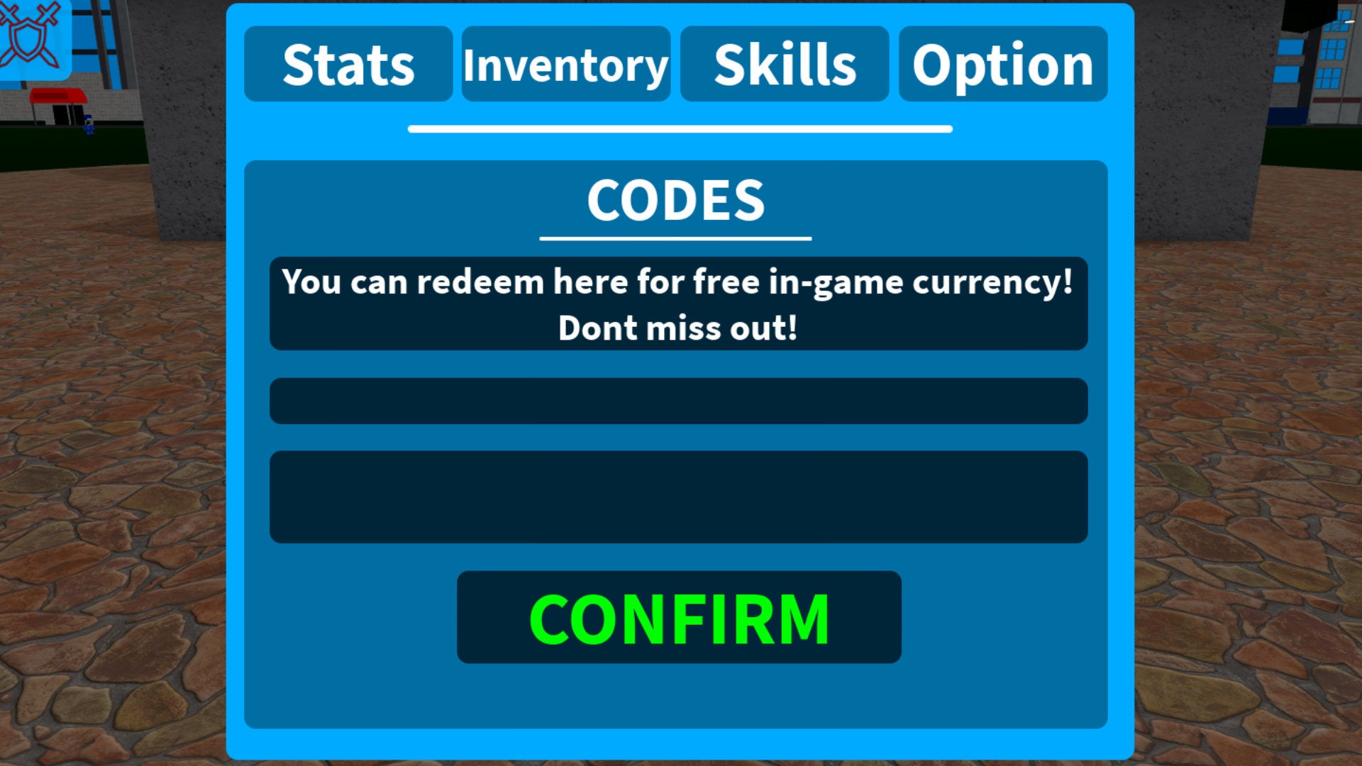 A screenshot from Roblox game Boku No Roblox: Remastered, showing the screen where codes can be redeemed for free Cash. - 3