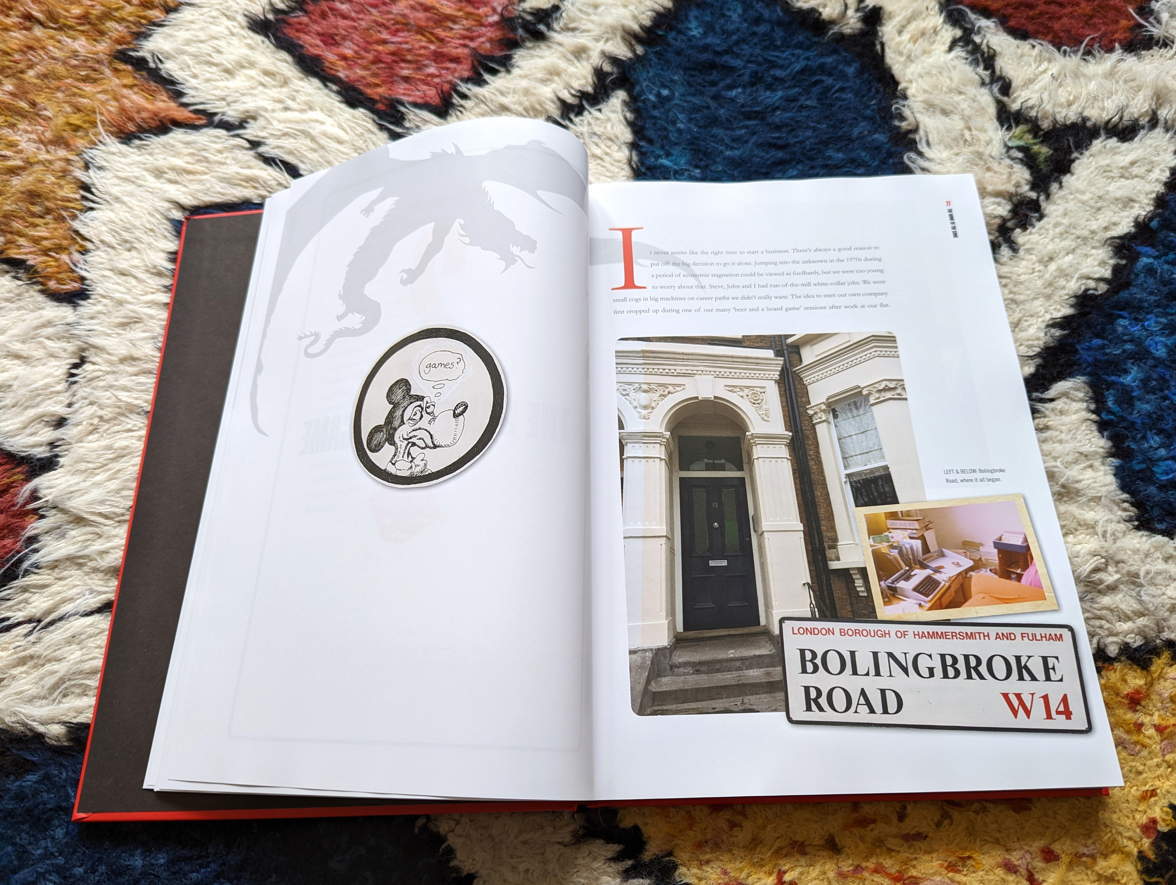 A photo of the Dice Men Games Workshop book, showing the original flat where Ian Livingstone and Steve Jackson and John Peake lived, that people would turn up to looking for a shop, only there was none.