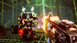 A Warhammer 40,000: Boltgun - Forges of Corruption screenshot showing the player shooting at a large enemy in an expansive green chamber.