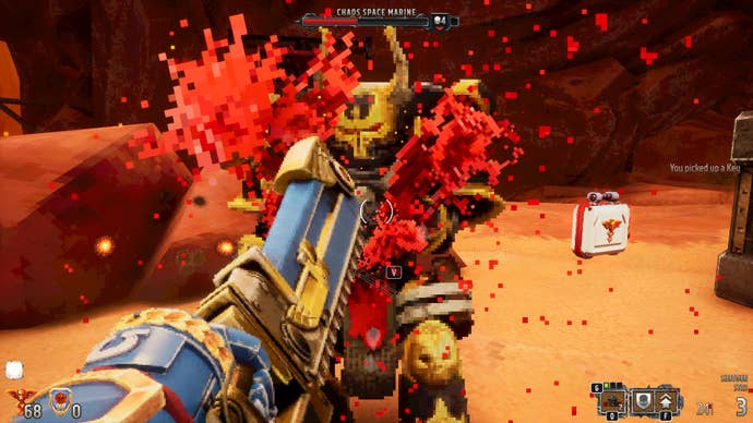 A screenshot from Warhammer 40,000: Boltgun, showing the player slicing through a Chaos Marine’s armour with their chainsword.