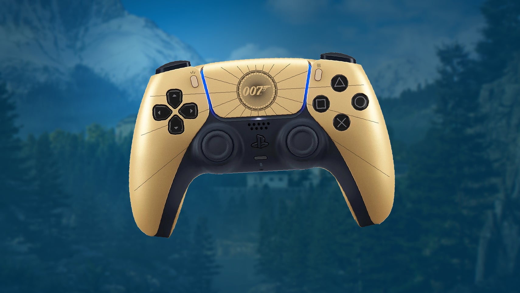 007: First Light limited edition controller, in gold with straight lines eminating from a central, circular 007 Logo, against a blue background