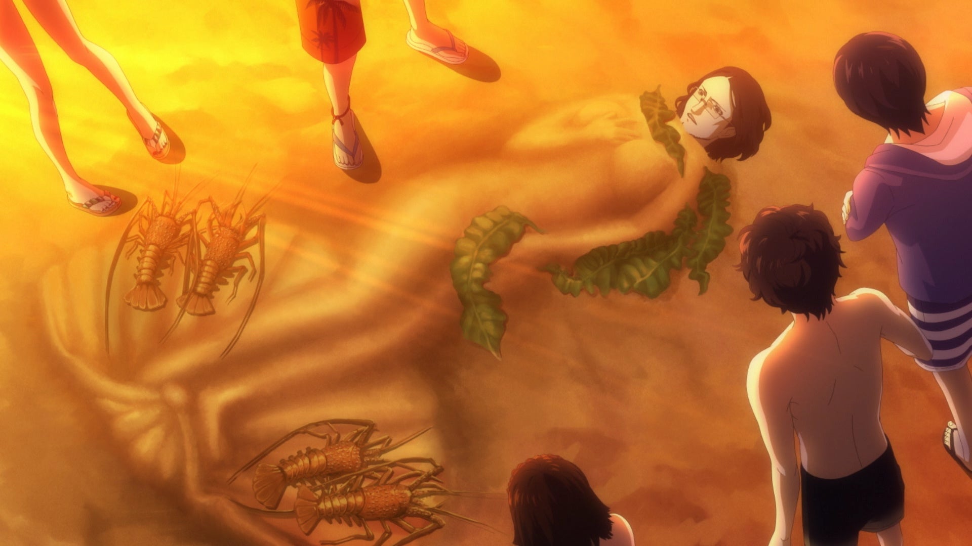 The Phantom thieves have buried Zenkichi in the sandy beach in Persona 5 Strikers.