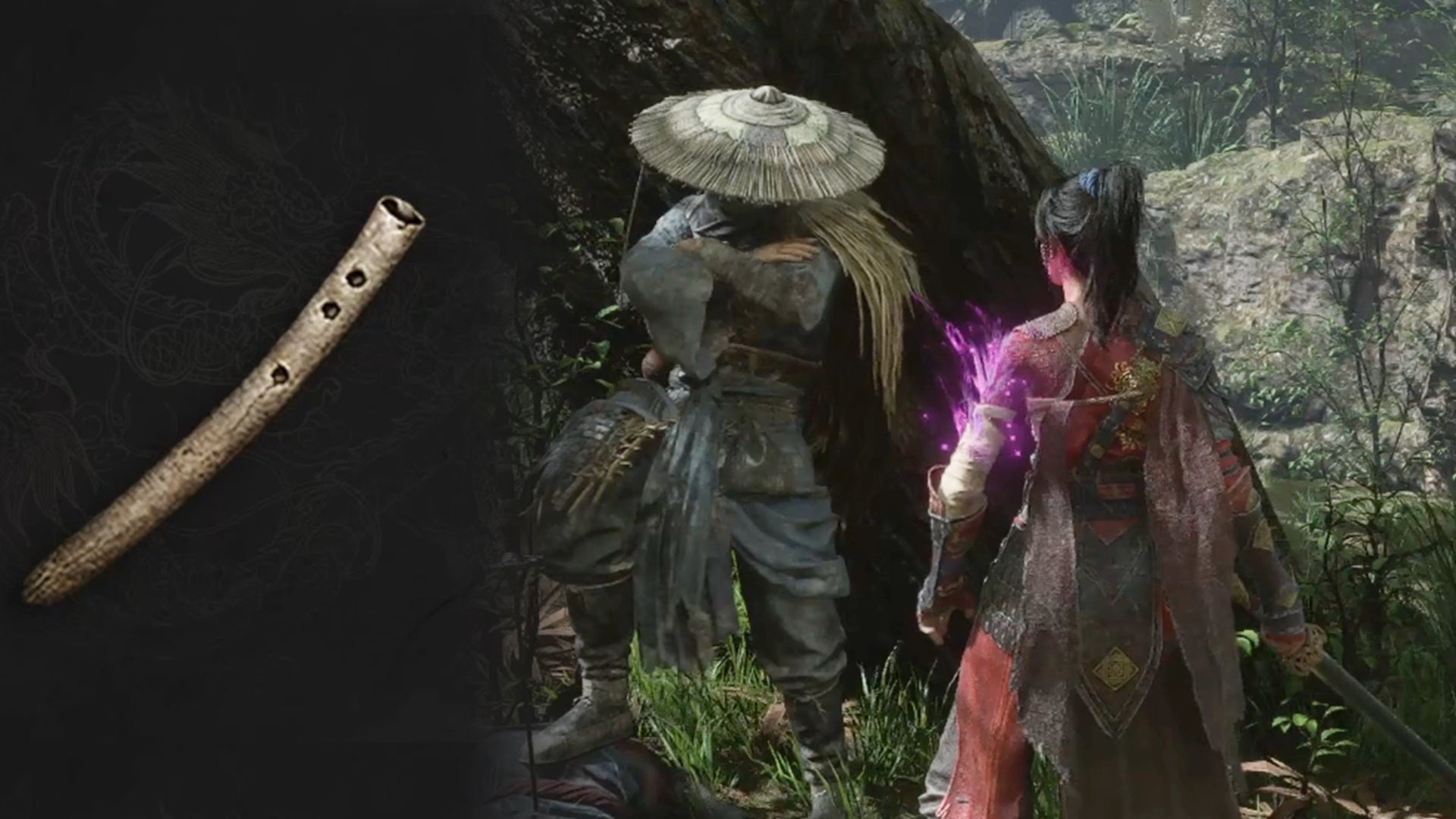 Wuchang stands in front of the summonable companion NPC Nian Suichang in Wuchang: Fallen Feathers. The Bone Whistle, a thin flute used to summon, is also pictured. - 1