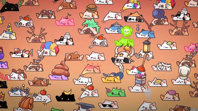 In image full of a lot of kawaii cute-style cats - bongo cats - wearing silly hats.