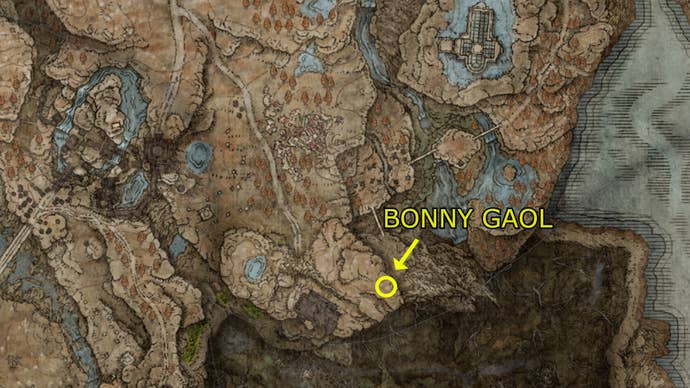 The location of Bonny Gaol on Elden Ring: Shadow of the Erdtree’s map.
