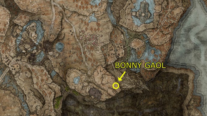 The location of Bonny Gaol on Elden Ring: Shadow of the Erdtree's map.