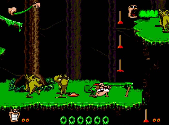 Screenshot of Boogerman showing the main character bracing for a fart attack. A meter in the top left shows a finger trailing mucus out of a nose. A meter on the top right shows Boogerman's head burping a green cloud of gas. There are plungers for some reason.