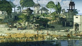 Book Of Travels - Painted-style characters stand around a port dock of stone walkways with market stalls nearby.
