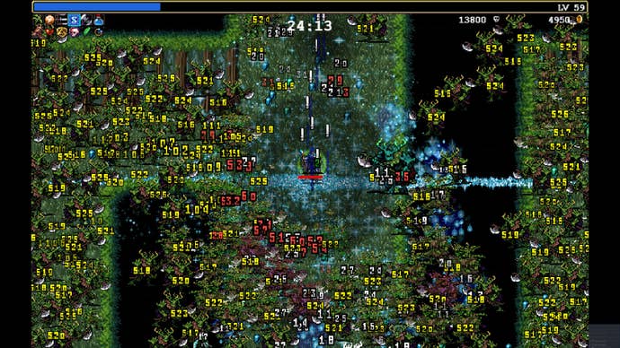 A screen filled with numbers, and beneath them, the realisation that this is actually a game. It’s Vampire Survivors, and Bertie is hanging on for dear life.