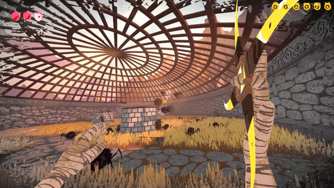 A caged arena in which small black creatures swarm across the scene in Boomerang X