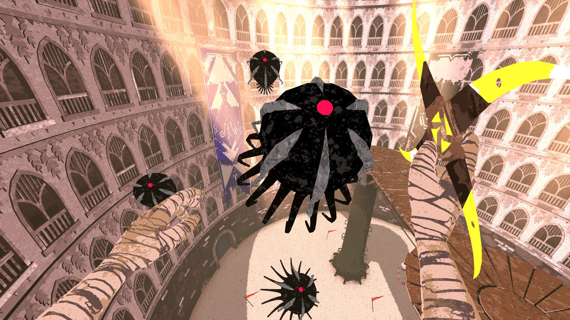 A screenshot of Boomerang X showing a squid-like enemy with a glowing red eye flying towards the player who, from a first-person perspective, is wielding a 4-pointed boomerang. - 6