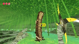 Boomerang X screenshot showing a first-person shooter view of a caterpillar-like creature coming upright out of the ground in a bamboo forest. A prompt to push F to talk is on the caterpillar's stomach. The player's hands are wrapped in bandages and the right hand holds up a large throwing star with four curved blades