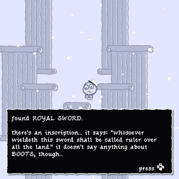 A small blob walks through snowy pillars and finds a sword in Boots Quest DX