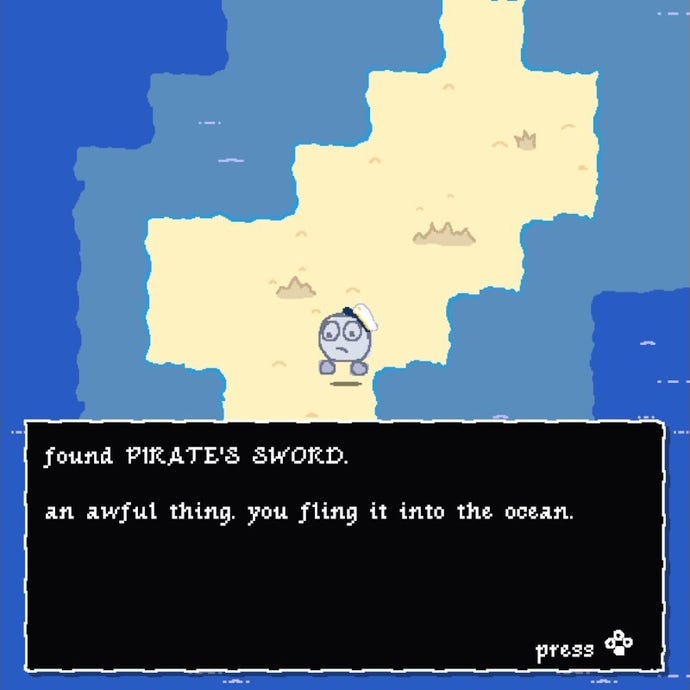 A small blob in a sailor’s hat finds a pirate sword on a sandy island in Boots Quest DX