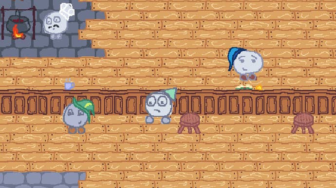 A small blob stands in front of a medieval bar in Boots Quest DX