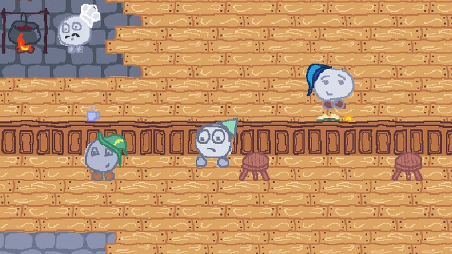 A small blob stands in front of a medieval bar in Boots Quest DX