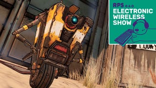 Claptrap the robot from Borderlands 3, with the electronic wireless show logo in the top right corner