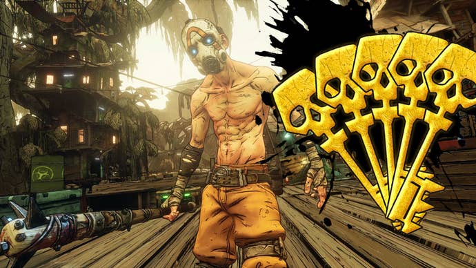 A Borderlands 3 character with some Gold Keys, which players can claim for free by redeeming Shift Codes.