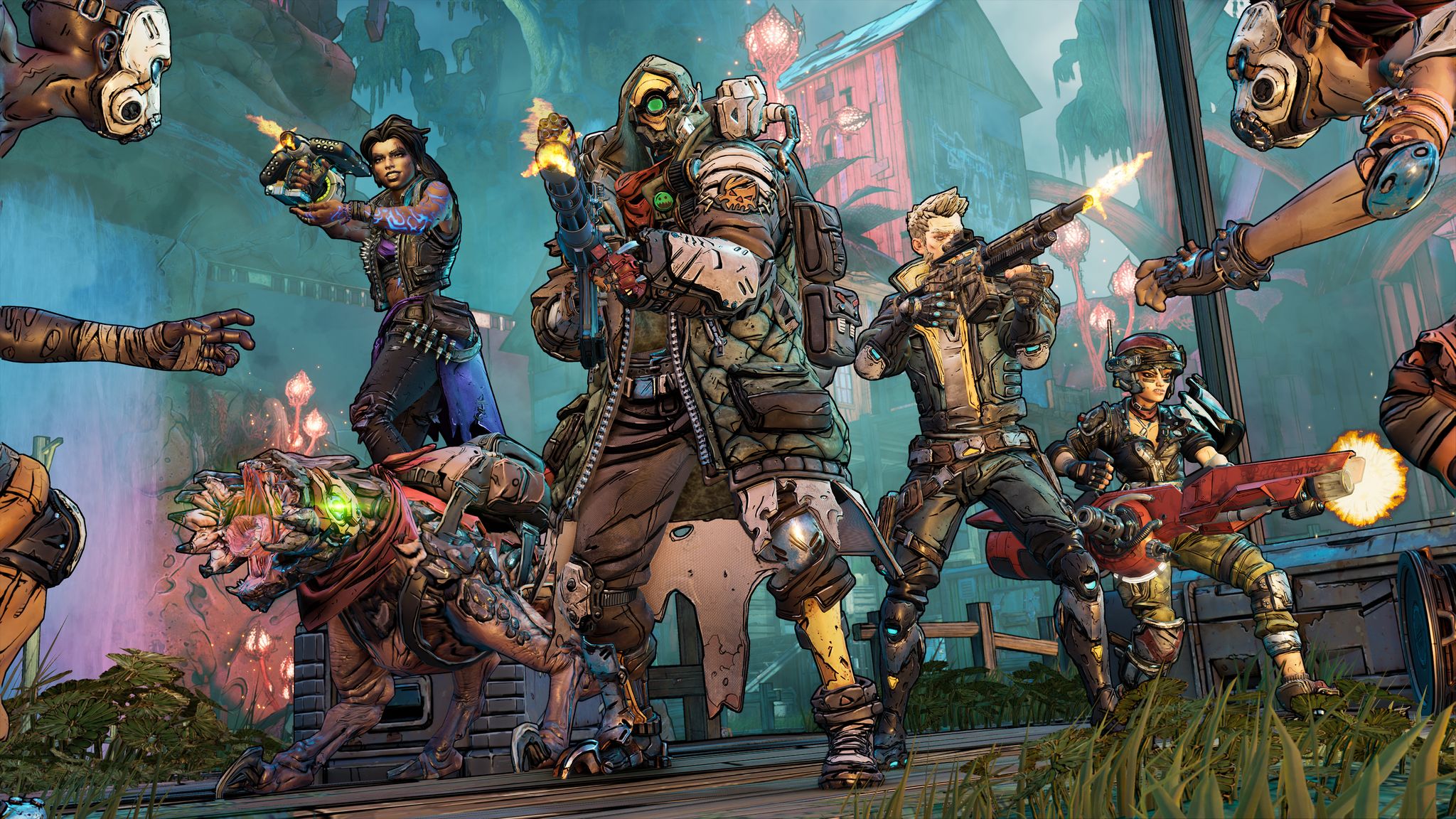 Borderlands 3 - The four playable Vault Hunters stand together shooting at enemies. - 19