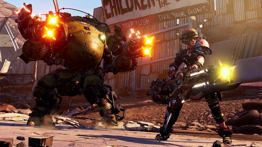 Moze the Gunner and the Iron Bear mech firing at enemies in Borderlands 3.