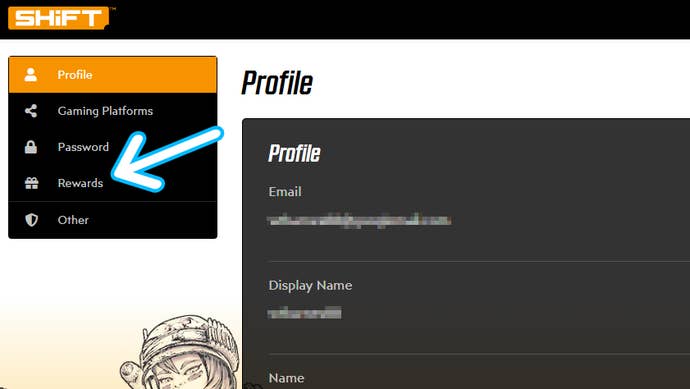 Arrow pointing at the location of the “Rewards” link in the navigation on the left of the screen.