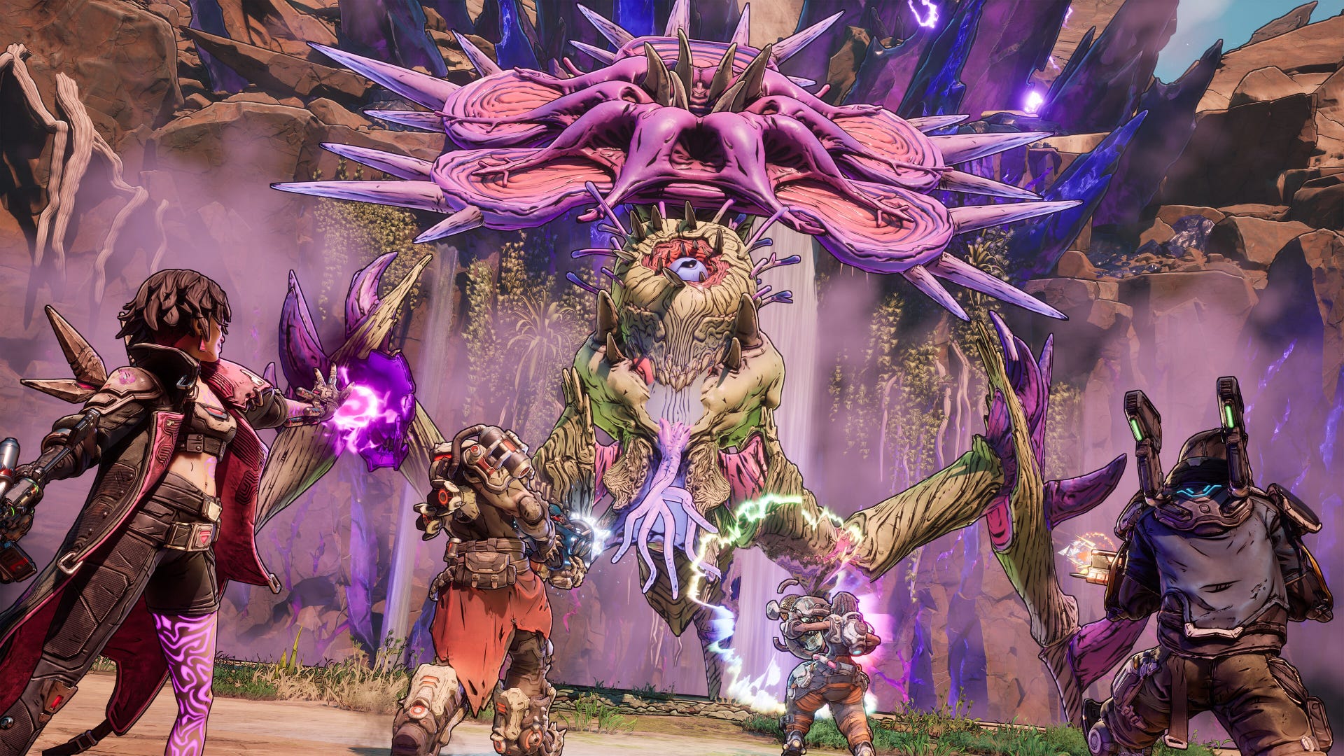 A clump  of Borderlands 4 characters warring  a boss.