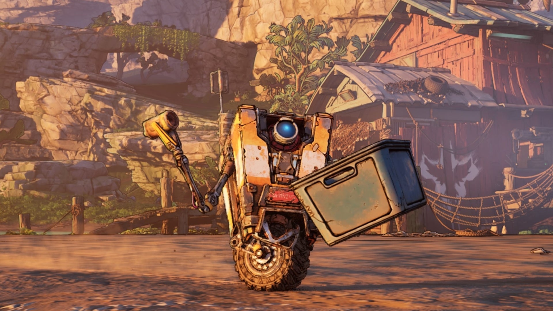 borderlands 4 claptrap holding trash on coastal bonescape beach