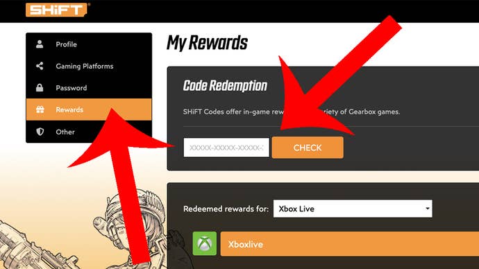 Arrows indicating the official website of shift codes, emphasizing the areas to which players players must go if they want to replace Borderlands gear codes.