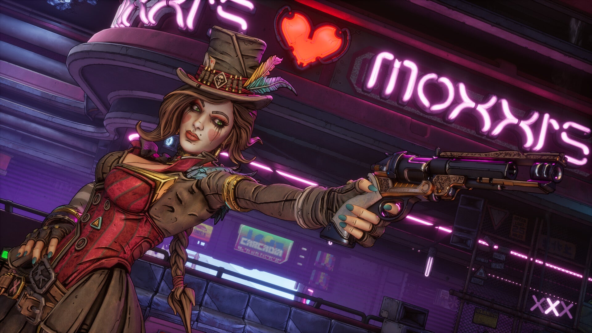 The Borderlands 4 character Mad Moxxi holds up her pistol. - 1