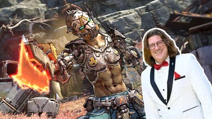 A fearsome character from Borderlands 4 waving a flaming energy sword at the screen, with Gearbox boss Randy Pitchford in a white tuxedo superimposed into the corner.