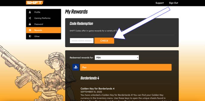 Code purchase field at Boderlands 4.
