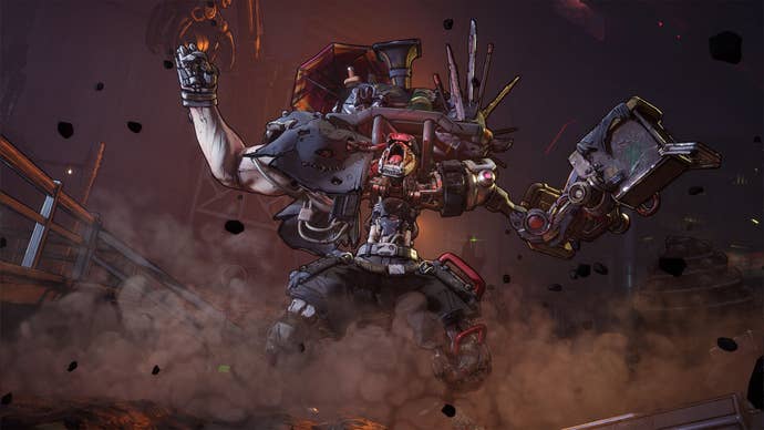 A large mechanistic monster roars and kicks up dust.