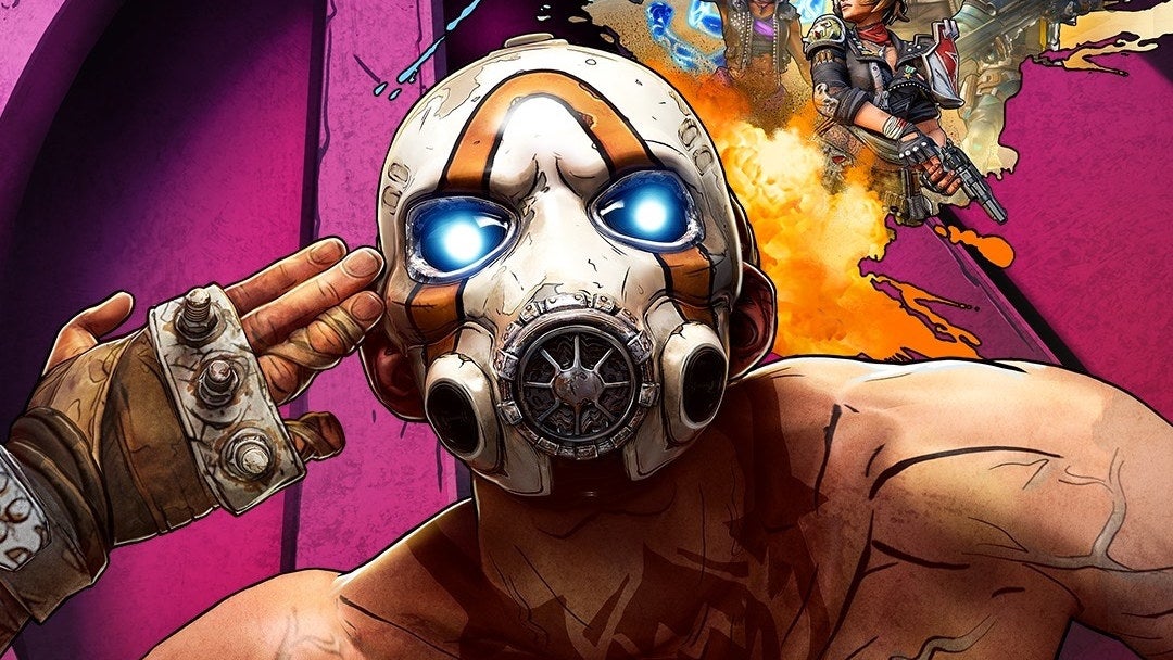 A Borderlands bandit in a mask points fingerguns at his own head. - 1