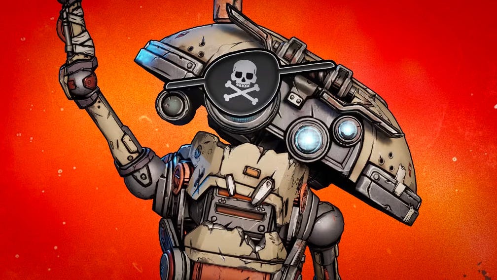 An illustration of an oblong-headed robot waving, which has a skull and crossbones eyepatch over their, um, eye? Lens, maybe.